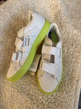 adidas White Sneakers with Lime Green Sole and Hook Straps